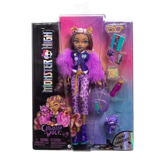 Monster High Clawdeen Wolf Doll with Pet Dog Crescent and Accessories Like Backpack, Planner, Snacks and More - style: Clawdeen Wolf