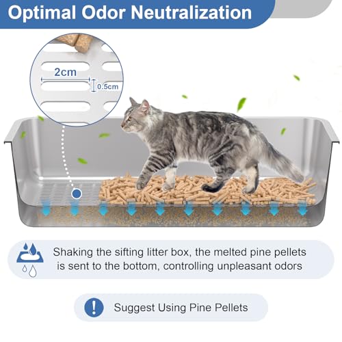 Stainless Steel Sifting Litter Box with Lid, XXL Extra Large Sifting Cat Litter Box for Pine Pellets & Big Cats,Metal Pellet Sifter Litter Pan System for Odor Control,Sifting Box Liners & Scoop - size: XXL:23.6''×15.7''×12''