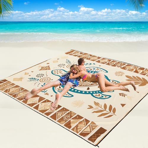 WIWIGO Beach Blanket Mat Waterproof Sandproof for 2-8 Adults Quick Drying | Extra Large, For 2-8 Adults,Windproof, Outdoor Picnic Mat, Beach Accessories Must Have,Gifts, for Travel, Camping, Hiking - color: Beige Sea Turtle - Geometric, size: 79" X 83"（1-