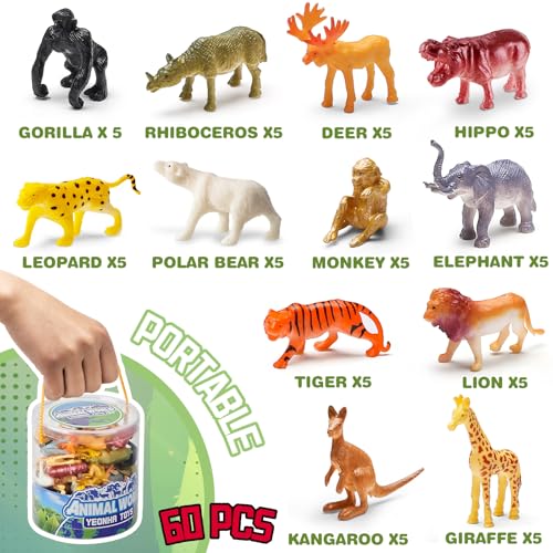 60 Piece Animal Figures with Gift Box, Safari Jungle Animal Figurines | Realistic Small Plastic Animal Figure Sensory Bins, Jungle Party Favors, Cupcake Topper, School Education, Birthday Gifts for