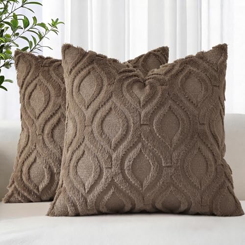decorUhome Faux Fur Plush Soft Brown Throw Pillow Covers 16x16 Set of 2 | Wool Solid Fall Couch Pillow Covers, Accent Modern Farmhouse Neutral Decorative Square Pillow Cases for Sofa Bed Living Room - color: Brown, size: 16" x 16" (Pack of 2)