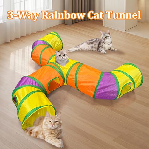 3-Way Cat Tunnels for Indoor Cats with Peek Hole, Large Foldable Rainbow Pet Tube Toy with Hanging Ball, Fun Interactive Toys for Kittens, Rabbits, Small Dogs - size: T Shape