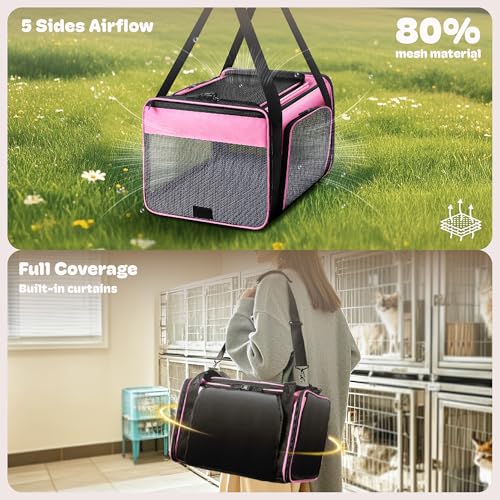 Top and 2 Sides Expandable Pet Carrier 17x11x9.5 TSA Airline Approved | Dog Carriers for Small Dogs, Soft-Sided Cat Carrier, Anti-Scratch Mesh, Lockable Zippers, for Kitten, Rabbit, Puppy, Pink - color: Pink, size: 17.0"L x 11.0"W x 9.5"H