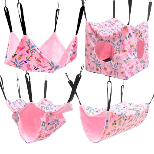 4 Pack Ferret Hammock Set, Hanging Soft Small Animal Hammocks with Hideout,Tunnel and Double Layer,Cage Accessories for Ferret,Rats,Sugar Glider,Squirrel (Pink) - color: Pink