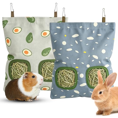 Rabbit Hay Bag 2 Pack - 2 Holes Hanging Bunny Hay Feeder Holder with Metal Hooks, Oxford Cloth Guinea Pig Feeding Bag Storage for Chinchillas Hamsters and Small Animals (Blue Gray) - color: Blue Gray