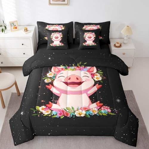 Erosebridal Pink Pig 7 Piece Comforter Set for Girls Kawaii Room Decor King,Rose Floral Leaf Bed in a Bag with Flat Sheet and Fitted Sheet,Cute Farm Animal Cartoon Bedding Set with Pillowcase & Sham - color: Black Pink, size: King