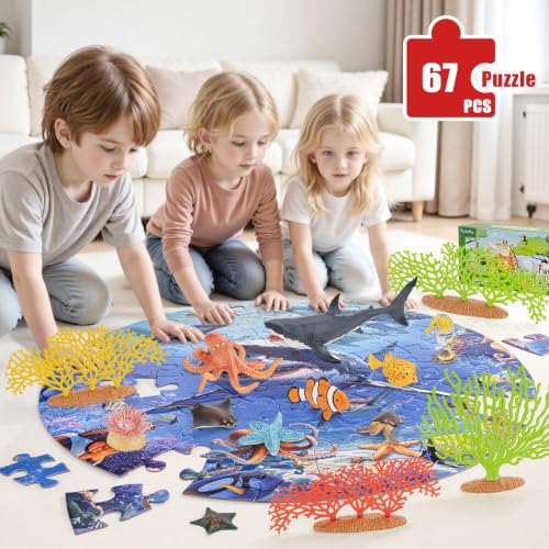 81PCS Large Realistic Ocean Sea Animal Toys with 20" Floor Puzzles for Kids, Kids Solid Ocean Animals Figuress Includ Shark,Octopus,Starfish,Sea Turtle for Toddler Boys Girls Birthday Gifts