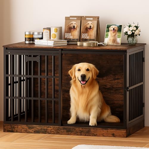 Petrova 47" Dog Crate Furniture for Large/Medium Dogs, Heavy Duty Dog Kennel Indoor with Name Tag, Wooden Dog Cage with Sliding Barn Door, Decorate House as TV Stand, End Table, Brown - color: Brown, size: 47.2"L x 27.9"W x 31.8"H