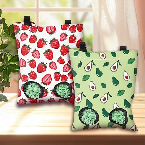 2Pcs 2 Styles Strawberry Hay Feeder Bags Small Pet Hanging Hay Bag with 2 Holes Avocado Strawberry Oxford Cloth Washable Rectangle Feeding Storage for Rabbit Chinchillas Hamster 12 x 9 Inch - color: Fruit