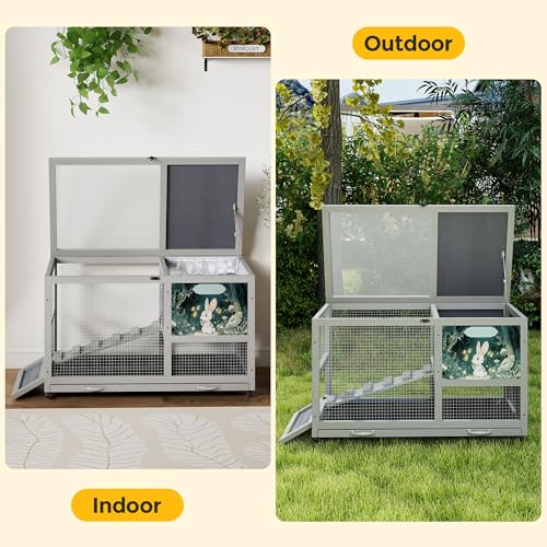 COZIWOW 36.5-Inch Double-Decker Wooden Rabbit Hutch with Wheels, Featuring A Cleaning Tray and Ladder—Stylish and Easy to Assemble（Grey and Pattern） - color: Grey and Pattern