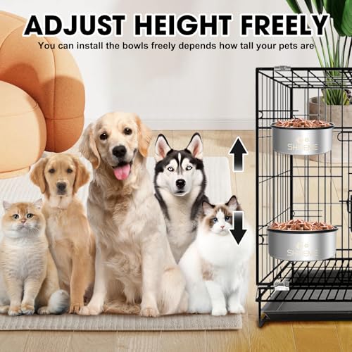Dog Kennel Bowls for Crates, ShineMe 54oz & 34oz Dog Food Bowl and Crate Water Bowl No Spill, Stainless Steel Dogs Bowls Mountable 2 Pack, Silver (7.1x2.9” & 6.2x2.6”) - color: Silver, size: L (54oz+34oz)