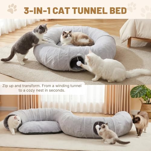 Extra Large Cat Tunnel, 47.2in Multi-Cat Family Big Cat Tunnel for Cats | Long Cat Tunnel Bed with Washable Plush Mat, XXL Pet Play Tunnel Toy for Cats, Puppy, Rabbits Grey - color: Grey, size: Large