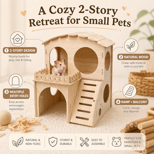 Large Guinea Pig Hideout Place, Double Layered Wooden Hamster House with ramp and Hamster Platform. Suitable for Hiding Places for Small Animals Such as Guinea Pigs, Hamsters, Rabbits, etc. - color: Castle