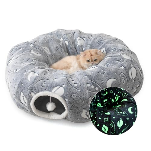 Large Cat Tunnels Bed Tube for Indoor Cats Under Christmas Tree Glows in The Dark Cat Tunnel with Cushion and Plush Ball Toy Longer Playground Toys for Dog Puppy Kitten Pet Gray - color: Gray Bed
