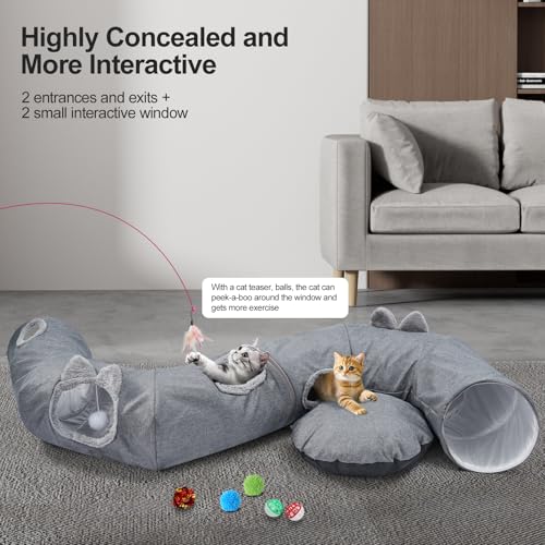 Linen Cat Tunnels with Central Cat Bed, Interactive Cat Toys Detachable Washable Soft Mat Large Indoor Play Tunnel Cave for Kittens and Small Animals - color: Linen Cool Gray