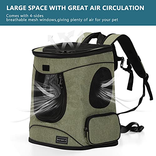 Petsfit Dog and Cat Backpack Carrier, Padded Waist Support, Up to 18 lb | 13.5 x 12.5 x 17.5 in; reinforced frame, 600D Oxford, 4 mesh panels, lockable zippers, safety tether and washable mat. - color: AGreen