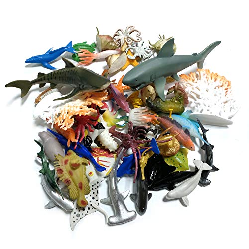 50 Pack Assorted Mini Vinyl Plastic Ocean Sea Animal Figures Toy Set, Realistic Under The Sea Life Figure Bath Gift for Child Educational Kids Party Cake Cupcake Topper