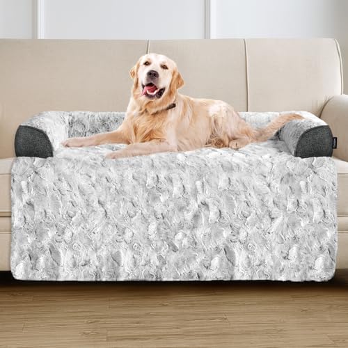 Calming Extra Large Dog Bed for Couch, 45 x 37 inch Removable Couch Cover for Dogs Washable, Non-Slip Fluffy Plush Dog Sofa Mat for Furniture Protector - Grey - color: Grey, size: 45"L x 37"W x 5"Th
