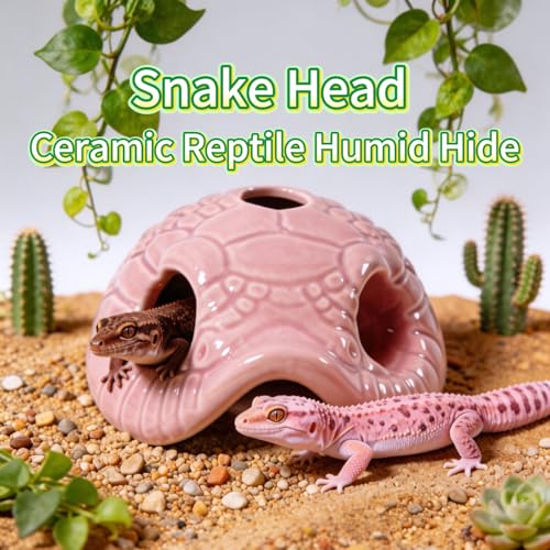 Snake Head Reptile Hide Cave, Pink | Small Ceramic, Gecko Hideout with Water Reservoir, Mini Terrarium Decor, For Juvenile Snake, Lizard, Frog - color: Pink