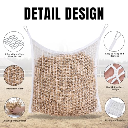 Slow Feed Hay Nets for Horses, Large Capacity Hay Bags, 4 Pack | 35 x 31 in, includes 8 carabiners,white, heavy duty, hay feeder for horses and goats, easy to hang in stalls and trailers - size: 4PCS-White
