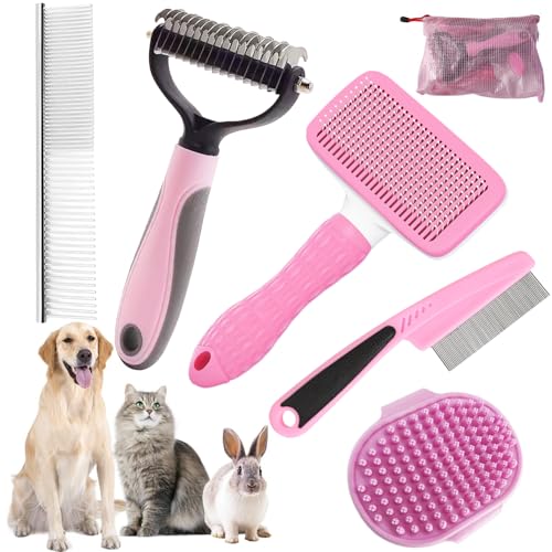 Dog Brush for Shedding,6 PCS in One Pet Slicker Hair Brush Kit Organizer Bag - Dog Cat Grooming Deshedding Undercoat Rake Brush Comb for All Small Large Dogs Cats Pink - color: 6-Pink