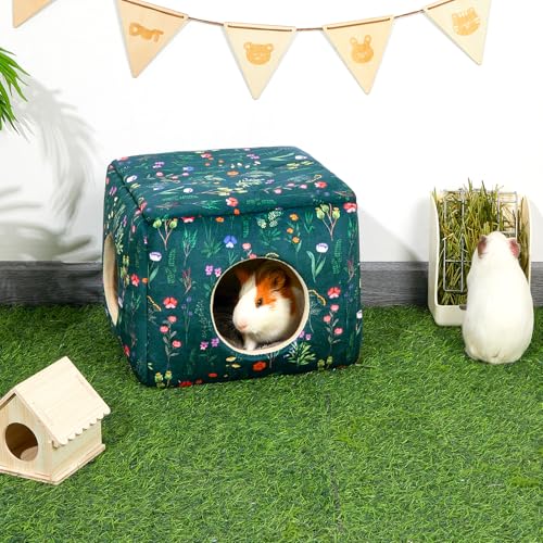 Bienbee Guinea Pig Hideout, Washable Plush House for Small Animals | Guinea Pig House with 2 Wide Entrances, Removable Mat and Non-skid Bottom,Warm and Cozy for Small Pet's Resting and Hiding - color: Green Flowers