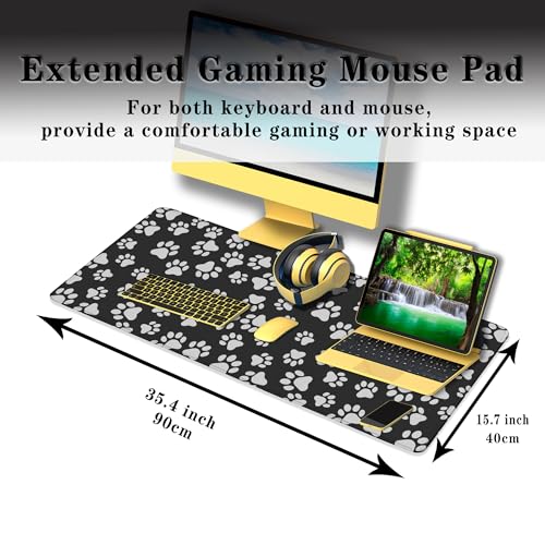 Keyboard Mousepad Black White, Big Mouse Pad Office Desk Pad Non-Slip Rubber Base Waterproof with Stitched Edges, 35.4" X 15.7" for Work/Game/Office/Home Dog Paw. Cat Footprint Dog Paw - color: Dog Paw.Cat Footprint