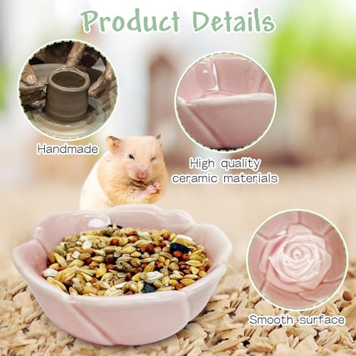 BNOSDM 2 Pcs Hamster Ceramic Food Bowl Flower Series Gerbil Drinking Bowls Anti-Turning Food & Water Dish for Dwarf Syrian Hamsters Gerbil (Pink, Rose Pattern, 3.74“ x3.74“ x1.77“) - color: Pink