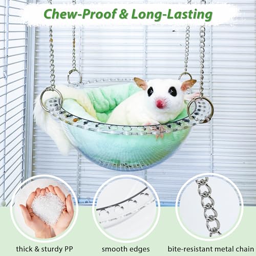 Sugar Glider Hammock for Cage, Transparent Bed for Clear Observation | All-Season Comfort with Removable Pad, Chew Proof Sleeping Pouch, Metal Chain Reinforced Sugar Glider Cage Accessories