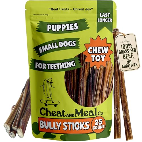 Bully Sticks for Small Dogs & Puppies - Puppy Chew Toys for Teething, 6 Inch (25 Count), Long Lasting Dog Chews, Single Ingredient 100% Grass-Fed, Free Range, Rawhide-Free - size: 9.5 Ounce (Pack of 1)