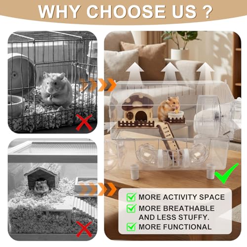 Loungewave Acrylic Hamster Cage, 8 in 1 Gerbil Cage with Accessories | Mushroom House Style Dwarf Hamster Cage with Full Transparent Viewing, Clear View Inside Easy to Clean, Excellent Ventilation - color: Transparent-1