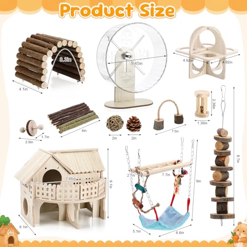 11 Pcs Hamster Cage Accessories Guinea Pig Toys Set, 9.5 Inch Silent Gerbil Wheel Wooden Hideout Chew Toys Bridges Tunnels for Dwarf Hamster Mouse