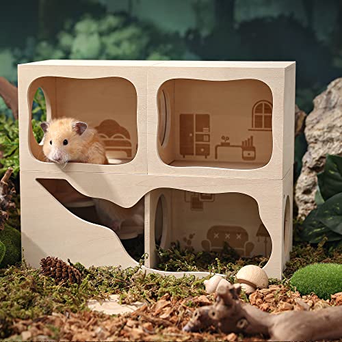 Hamster Hideout Wooden House Chamber Small Animals Pets Tunnel Exploring Toys Secret Peep Shed for Dwarf Hamsters, Syrian Hamsters, Gerbils, Hedgehogs, Rats, Mice (Study Room)