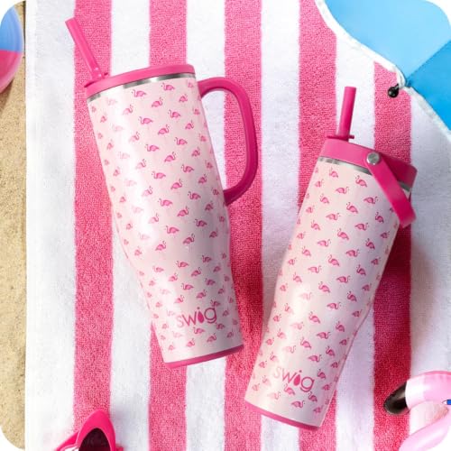 Swig Life 30oz Leakproof To-Go Tumbler with Handle, Flamingos | Leakproof Lid - Triple Insulated Stainless Steel - Handle & Straw Included - Cup Holder Friendly - Dishwasher Safe - color: Flamingos