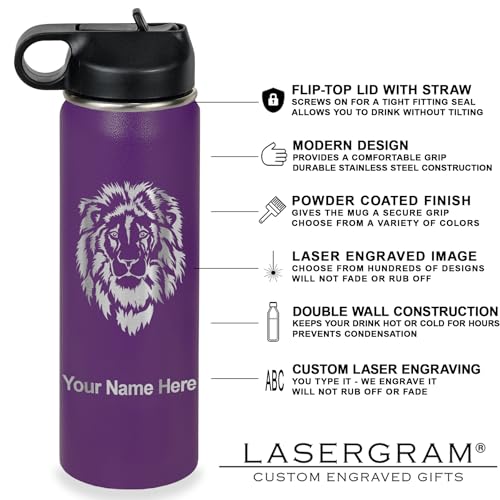 LaserGram Personalized 20oz Water Bottle, Rabbit (Dark Purple) | Engraved Gift, Vacuum Insulated Stainless Steel, Flip-Top Straw Lid, Laser Engraved With Your Name - color: Dark Purple, size: 20 Ounces