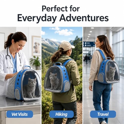 Expandable Cat Carrier Backpack with Bubble Window, Blue | Breathable mesh, anti-collapse frame, side door, safety leash and escape-resistant zippers for vet visits and outdoor travel. - color: Blue