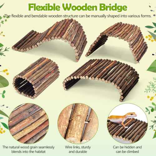 PINVNBY 9PCS Wooden Bridge Hideout and Reptile Plants Vines Climbing Terrarium Habitat Decor Hut Bearded Dragon Tank Accessories for Lizard Crested Gecko Tortoise Snake Hermit Crab