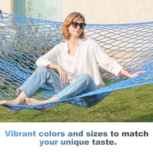 Gafete Rope Hammock 2 Person Traditional Hand Woven Outdoor Cotton Hammocks with Hardwood Spreader Bar, Max 450 lbs Capacity (Lake Aqua, Medium) - color: Lake Aqua, size: Medium