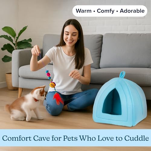 PETMAKER Cat House Indoor Bed with Removable Foam Cushion, Blue | Plush Cat Tent Bed for Small Kittens, Rabbits, Guinea Pigs, and Other Small Animals, Comfortable Cozy Pet Hideaway - color: Blue