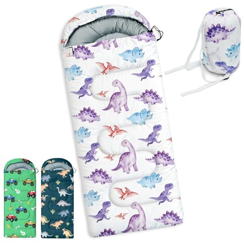 Kids Sleeping Bags - Camping Sleeping Bags with Carry Bag - Compact Sleeping Bag for Hiking, Backpacking 3 Season Warm & Cool Weather, Lightweight Waterproof Outdoor Travel for Boys Girls - color: Purple Dinosaur