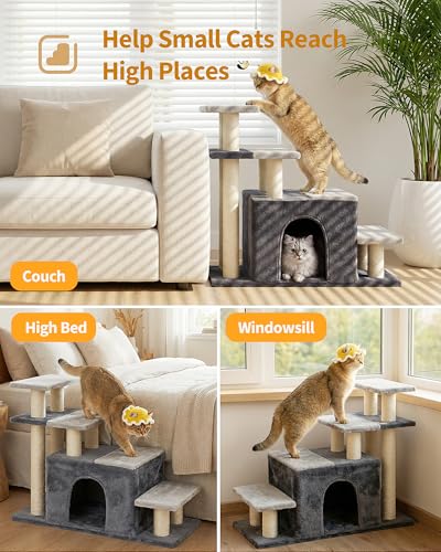 Aechonow 4-Tier Cat Stairs for High Bed with 22'' Cat Scratching Post | Pet Steps for Doggies Rabbit Ferret, Adjustable Cat Cave, Grey, Extra Large - size: Extra Large-Gray
