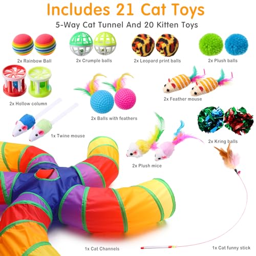 Poen 21 Pcs Cat Tunnel for Indoor Set Collapsible 5 Way Tubes with 20 Pcs Cat Kitten Toys Interactive Feather Toy Mouse Crinkle Balls Tube for Puppy Kitten Rabbit(Colorful) - color: Colorful