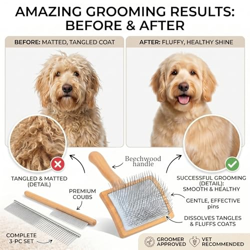 Wooden Long Pin Slicker Brush for Dog, Poodles & Doodles Long Hair | Grooming, Fluff & Detangle Heavy Dense Wavy Curly Coats to Easily Prevent Severe Hair Matting During Shedding Seasons - color: Wood
