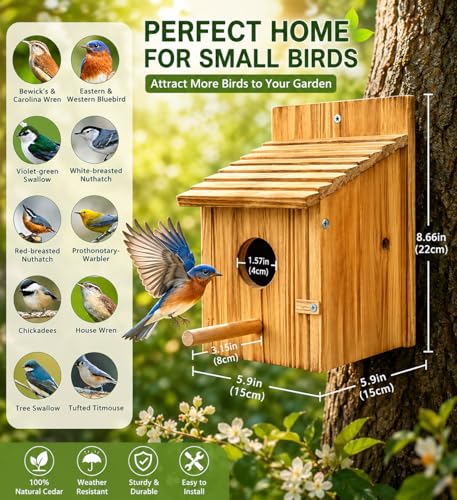 Wooden Bird House for Outside, Hanging Natural Wood Birdhouse with Perch, 1.57" Entrance & Side Clean-Out Door for Bluebirds, Wrens and Finches, Garden Decor