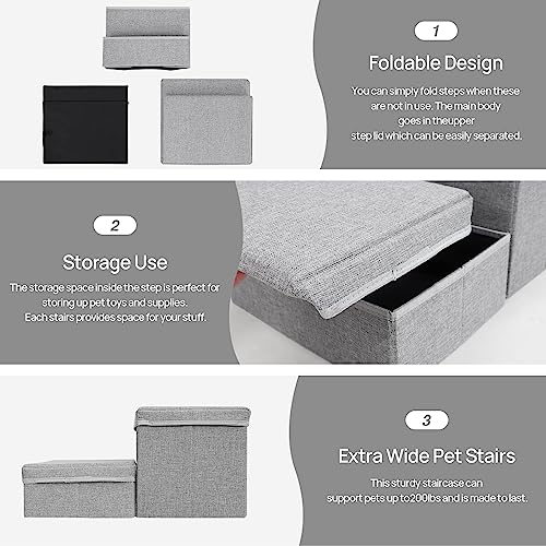 Linen Foldable Dog Stairs with Storage | 2-Step Pet Steps for High Beds & Couch, Non-Slip Dog Ladder for Small & Medium Dogs and Cats, Light Grey - color: Light Gray Linen