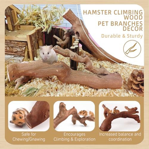 kathson 2PCS Wood Hamster Climbing Branches Decor, Natural Wooden Syrian Hamster Climb Chewing Toys, Rat Exercise Toys, Small Animal Habitat Decor Accessories for Dwarf Pets, Gerbils, Mice (7.8IN) - size: 7.8IN