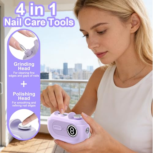 4 in 1 Electric Nail Clipper for Seniors, Automatic Nail Trimmer with Night Light & 9 Speeds Nail Polisher Fingernail Clippers for Women & Men Nail Grinder Files for Elderly - size: Purple