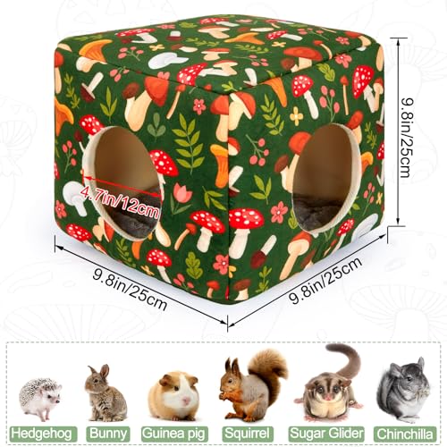 Bienbee Guinea Pig Hideout, Washable Plush House for Small Animals | Guinea Pig House with 2 Wide Entrances, Removable Mat and Non-skid Bottom,Warm and Cozy for Small Pet's Resting and Hiding - color: Green Mushroom
