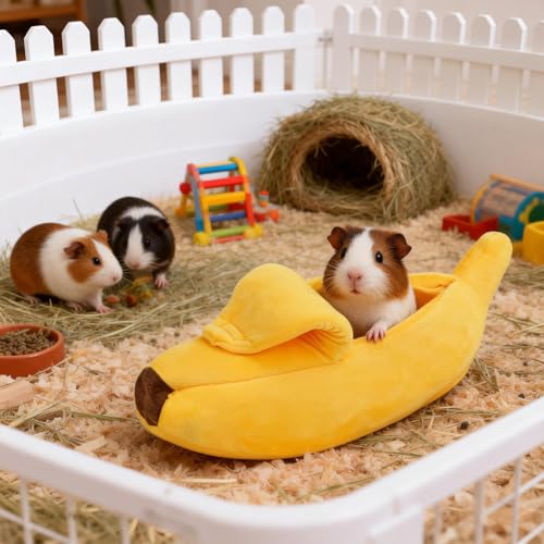 Midollarle Guinea Pig Bed, Plush Banana Snuggle Sack Hideout, Yellow S | 13.7 x 5.1 x 4.7 in S Size, Banana Cave, Peel-Open Design, PP Cotton Plush, Machine Washable, Ferrets and Hedgehogs