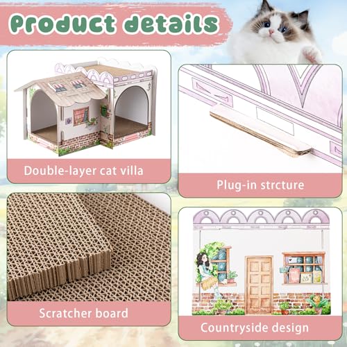 Lineshading 2 Story Cardboard Cat House with Scratcher Pad, Multi Level Durable Cat Scratcher House for Small Kitten Bunny Rabbit Animals Christmas Birthday Gift(17x12x10,Cottage) - style: Cottage